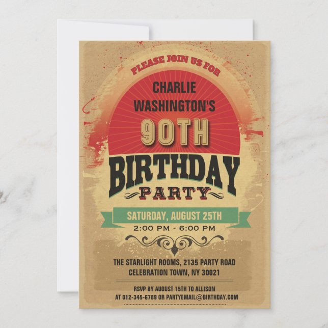 90th Birthday Vintage Typography Grunge Invitation (Front)