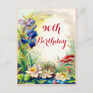 90th Birthday Vintage Waterlilies and Iris Flowers Invitation