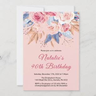 90th Birthday Watercolor Botanical Pink Floral Invitation