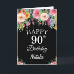 90th Birthday Watercolor Floral Flowers Black Card<br><div class="desc">90th Birthday Watercolor Floral Flowers Black Card with personalised name and age. For further customisation,  please click the "Customise it" button and use our design tool to modify this template.</div>