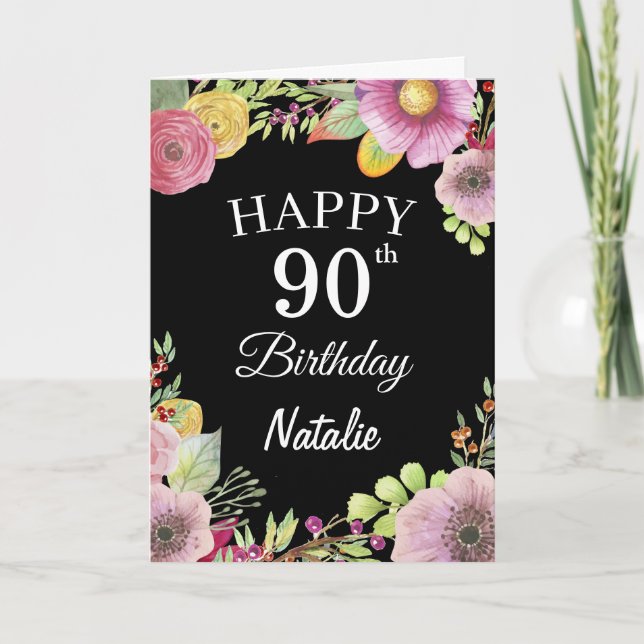 90th Birthday Watercolor Floral Flowers Black Card (Front)
