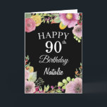 90th Birthday Watercolor Floral Flowers Black Card<br><div class="desc">90th Birthday Watercolor Floral Flowers Black Card with personalised name and age. For further customisation,  please click the "Customise it" button and use our design tool to modify this template.</div>