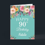 90th Birthday Watercolor Floral Flowers Teal Card<br><div class="desc">90th Birthday Watercolor Floral Flowers Teal Card with personalised name and age. For further customisation,  please click the "Customise it" button and use our design tool to modify this template.</div>
