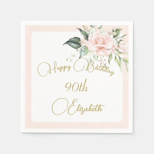 90th Birthday Watercolor Pink Floral Elegant  Napkin (Front)