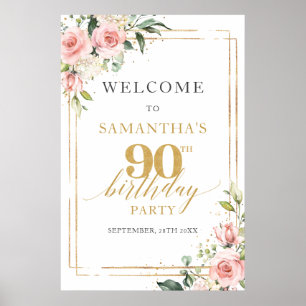 90th birthday welcome sign blush and gold glitter