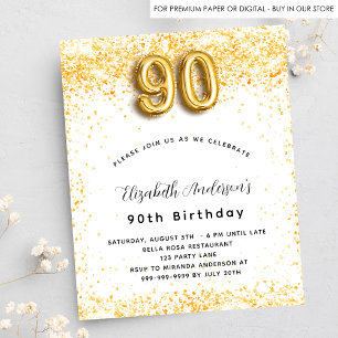 90th birthday white gold budget invitation flyer