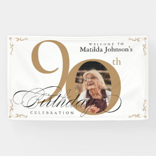 90th Birthday White Gold Elegant Calligraphy Photo Banner