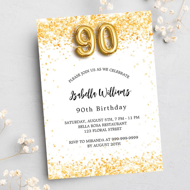 90th birthday white gold glitter elegant invitation (Creator Uploaded)