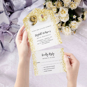 90th birthday white gold photo party RSVP All In One Invitation