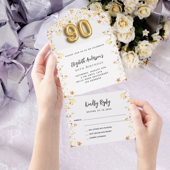 90th birthday white gold stars party RSVP All In One Invitation (Creator Uploaded)