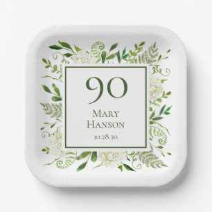 90th Birthday White Hydrangeas Paper Plate