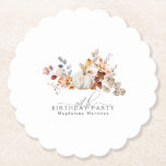 90th Birthday White Pumpkin Fall Flowers Custom Paper Coaster<br><div class="desc">Modern and elegant white pumpkin and fall flowers floral design. The soft watercolor palette is a sophisticated blend of soft pink and dark rich golden yellow and brown. The fall leaves surround the white pumpkin for a special autumn display. Perfect for your fall birthday party.</div>