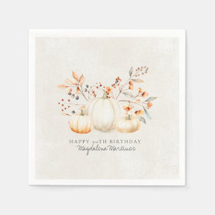 90th Birthday White Pumpkin Fall Leaves Custom Napkin