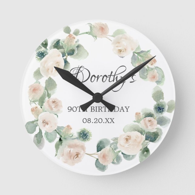 90th Birthday White Rose Floral Eucalyptus Wreath Round Clock (Front)