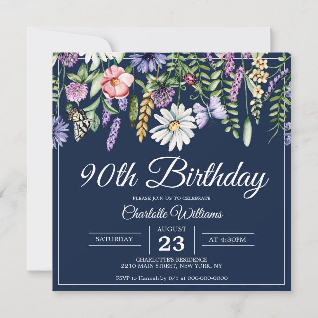 90th Birthday Wildflowers Elegant Navy Blue Floral Invitation (Front)