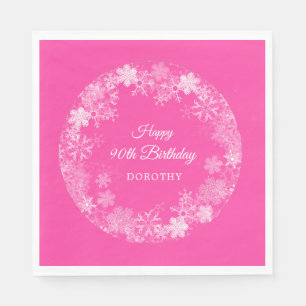 90th Birthday Winter Wonderland Snowflake Pink Napkin