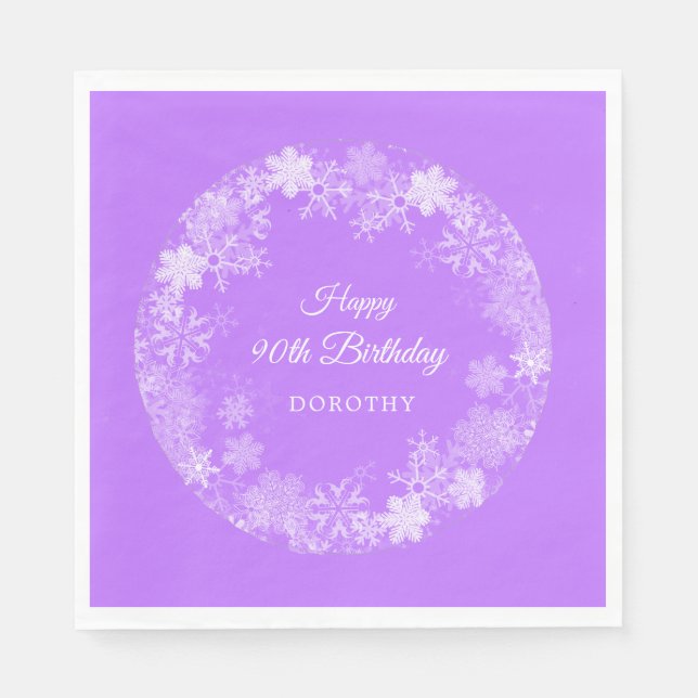 90th Birthday Winter Wonderland Snowflake Purple Napkin (Front)