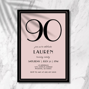 90th Birthday Women's Modern Minimal Black Pink Invitation