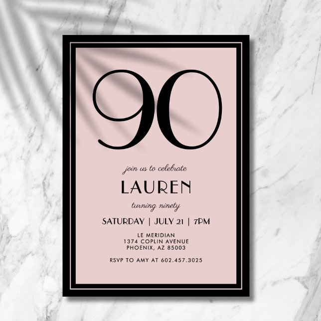 90th Birthday Women's Modern Minimal Black Pink Invitation (A chic black and pink invitation that blends modern minimal design with elegance.)