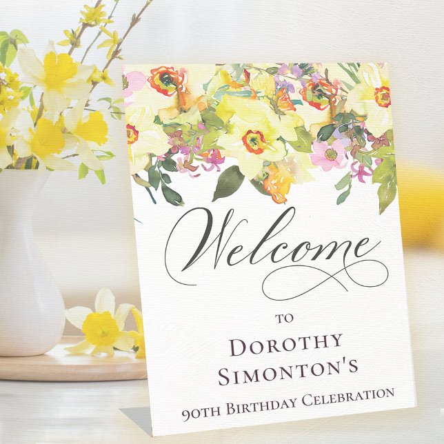 90th Birthday Yellow Daffodil Wildflower Welcome Pedestal Sign (Creator Uploaded)