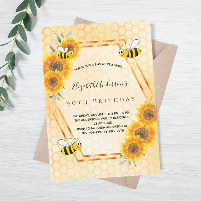 90th birthday yellow rustic sunflowers bees invitation (Creator Uploaded)