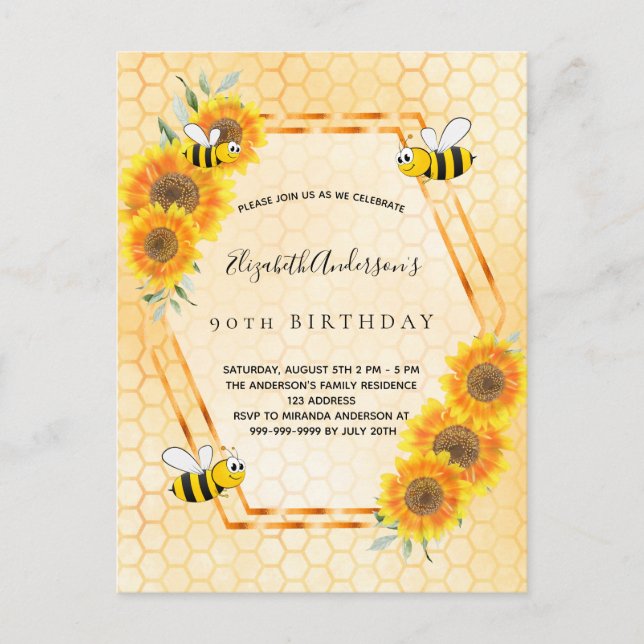 90th birthday yellow rustic sunflowers invitation postcard (Front)