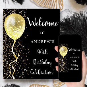 90th Black & Gold Glitter Birthday Welcome Poster
