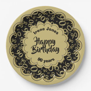 90th Black/Gold Random Number Pattern Paper Plate