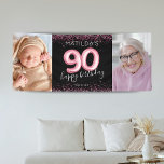 90th Black Pink Happy Birthday Photo Banner<br><div class="desc">Milestone girly ninetieth birthday party banner featuring a trendy black background,  2 large photos,  pink sparkle glitter,  90 pink hellium balloons,  and a custom celebration template that is easy to personalise.</div>