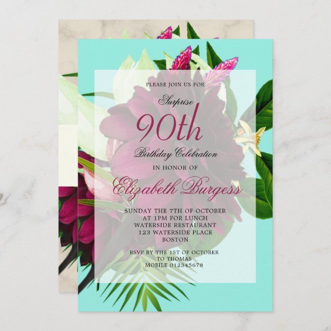 90TH Blue Cream Floral Elegant Modern Birthday Invitation (Front/Back)