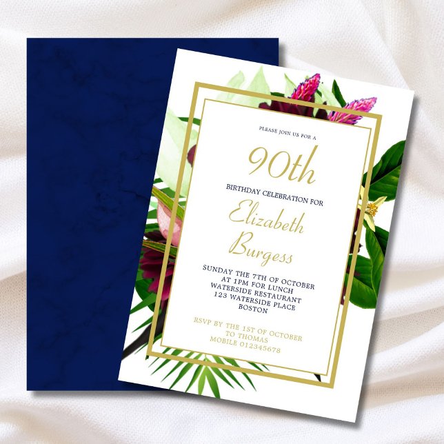 90TH Blue Gold Floral Elegant Modern Birthday Invitation (Creator Uploaded)