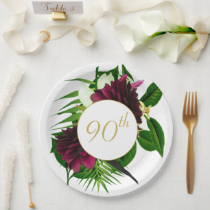 90TH Blue Gold Floral Elegant Modern Birthday Paper Plate