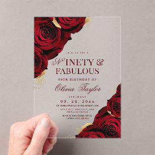 90th Burgundy Gold Roses Birthday Acrylic Invitations