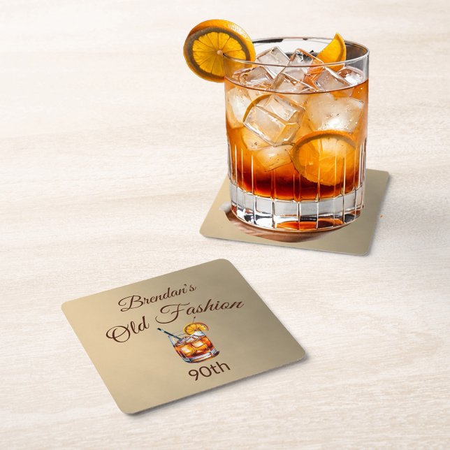 90th Cocktail Male Old Fashion Birthday  Square Paper Coaster (Creator Uploaded)