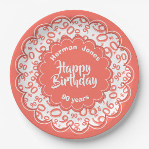 90th Coral/White Random Number Pattern Paper Plate