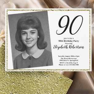 90th Custom Photo White and Gold  Invitation