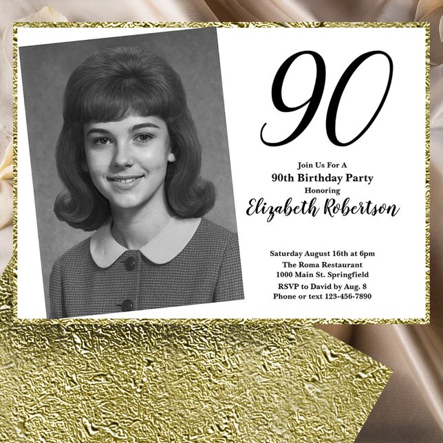 90th Custom Photo White and Gold  Invitation (Creator Uploaded)