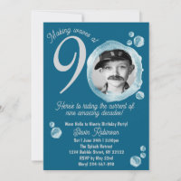 90th Dark Teal Bubble Birthday Party Invitation