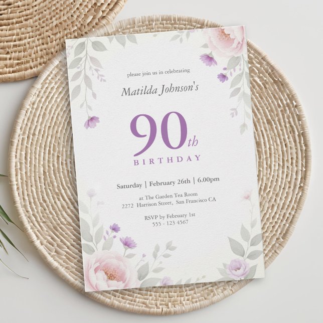 90th Elegant Floral Birthday Invitations (90th Birthday Invitation Pastel Floral Garden)