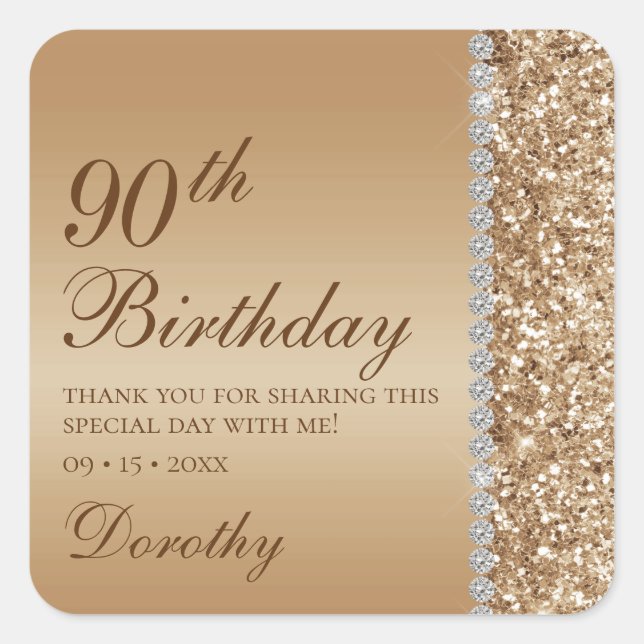 90th Elegant Gold Birthday Square Sticker (Front)