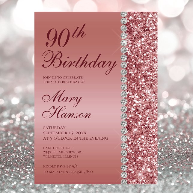 90th Elegant Rose Gold Birthday Invitation (Creator Uploaded)