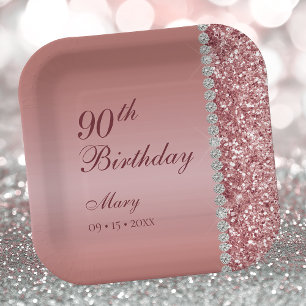 90th Elegant Rose Gold Birthday Paper Plate