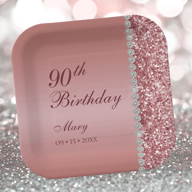 90th Elegant Rose Gold Birthday Paper Plate (Creator Uploaded)