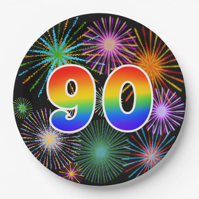 90th Event - Fun, Colourful, Bold, Rainbow 90 Paper Plate (Front)