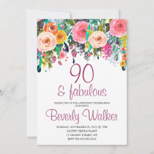 90th Fabulous Floral Watercolor Birthday Party Invitation