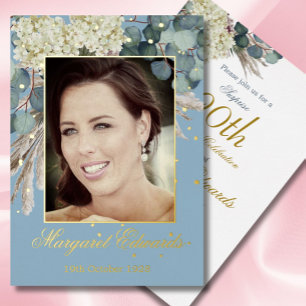 90th Floral Blue Elegant Photo Birthday