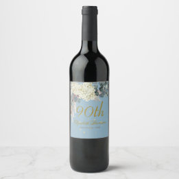 90th Floral Blue Gold Elegant Birthday Wine Label