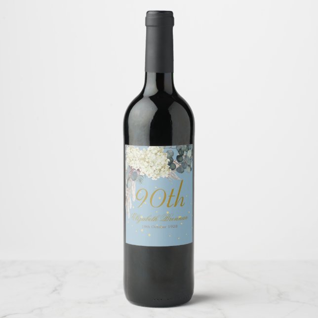 90th Floral Blue Gold Elegant Birthday Wine Label (Front)