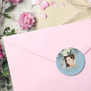 90th Floral Blue Gold Elegant Photo Birthday Classic Round Sticker