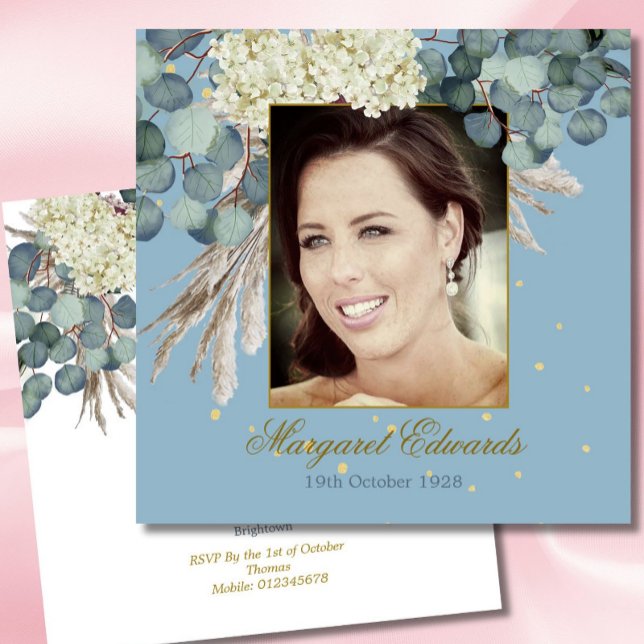 90th Floral Blue Gold Elegant Photo Birthday Invitation (Creator Uploaded)
